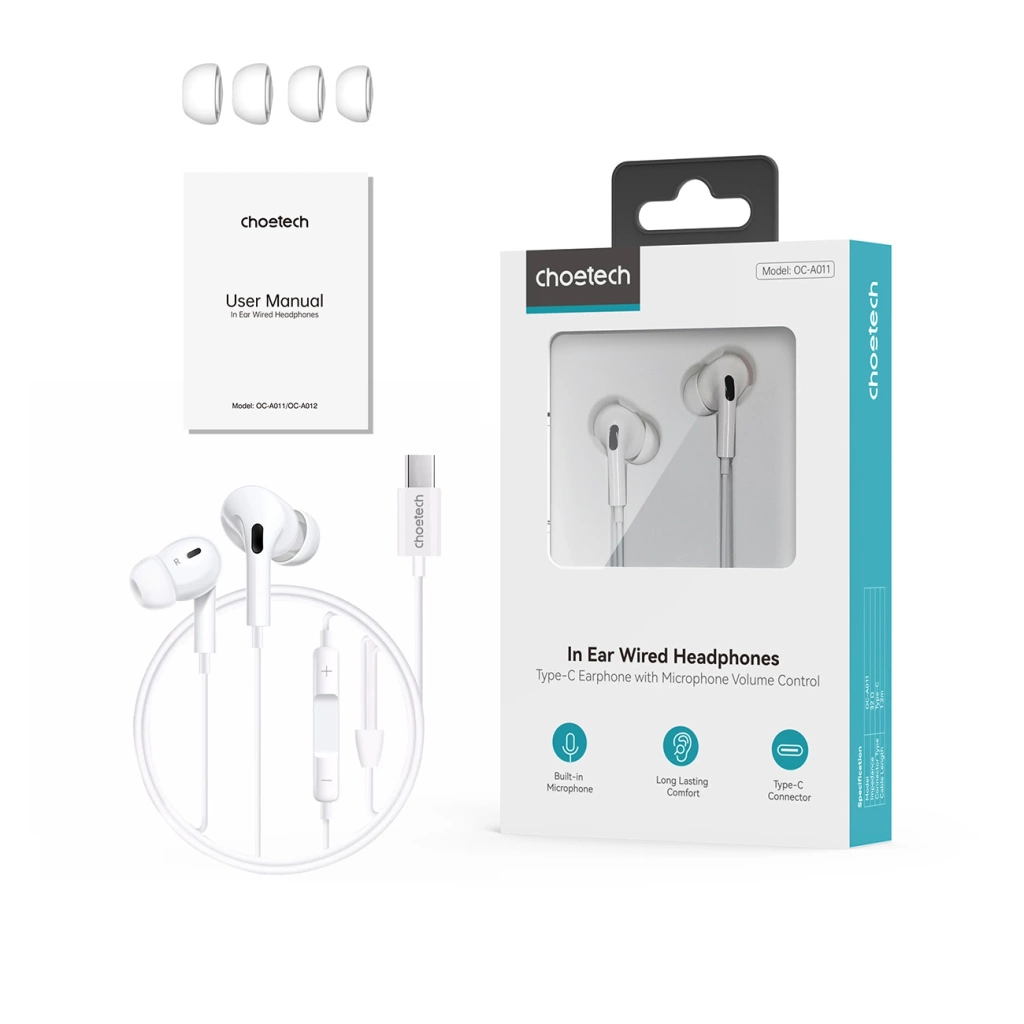 Choetech OC-A011-WH Type-C Wired Earphone with microphone volume control - White