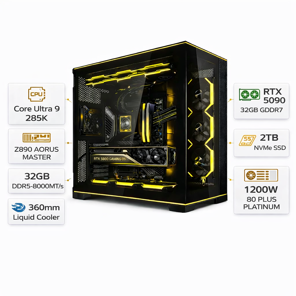 Custom Gaming PC Intel Core Ultra 9 285K, RTX 5090 32GB GDDR7, 32GB DDR5 8000MT/s, 2TB NVMe, Windows 11 Pro