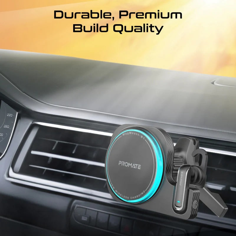 Promate 2-in-1 MagSafe Compatible 15W Wireless Car Charger with Built-in Wireless Mono ENC Earphone - Black