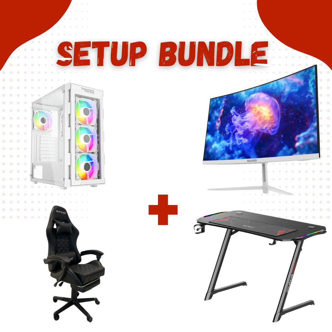Setup Bundle:Pc Core i5-12400F,RTX 5060,16GB Sades Monitor 24",FHD,200Hz,0.5ms,HDMI 2.1,VA, Gaming Table 120*60*75cm with RGB Light with Gamax Gaming Chair Model 1-LT001L (White)