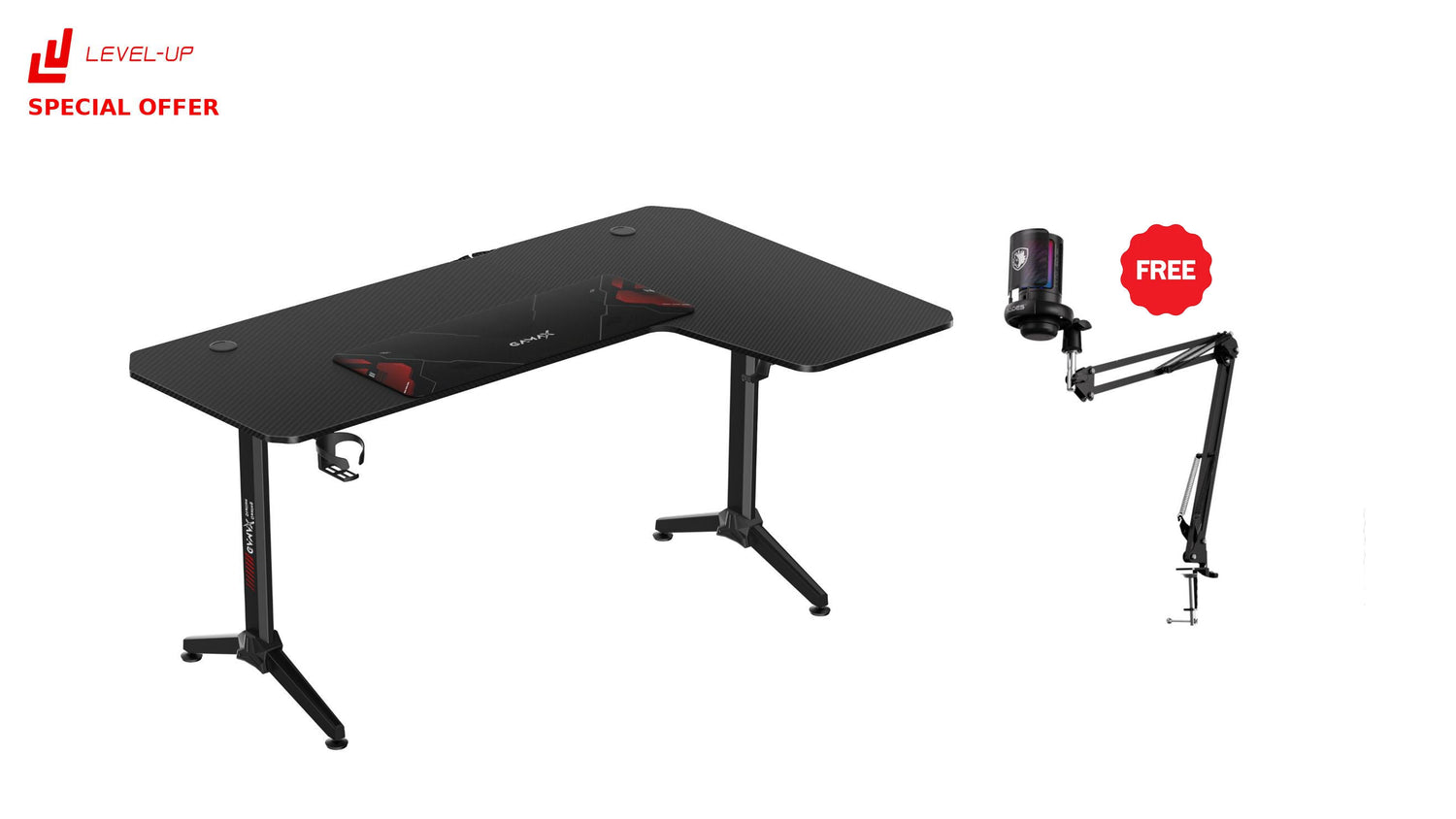 Level Up Offers: Gamax HY-R Gaming Table (L-Shaped) 160*100*75cm with Mousepad - Right + Free Sades ME6S Tyto Gaming Microphone - Black
