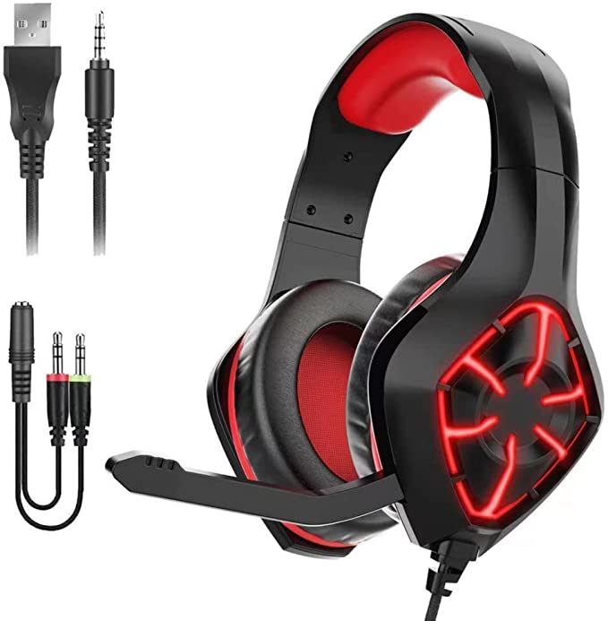 MSL GS-1000 PC Gaming Headset Over-Ear Gaming Headphones with Mic LED Light Noise Cancelling & Volume Control for PS4 PS5 Laptop Mac New Xbox One (Transfer line Included)
