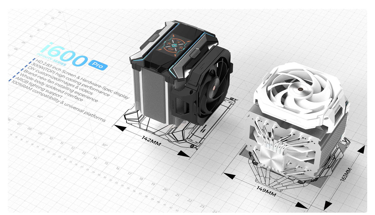 Alseye i600 Pro-W Air Fan Cooler, 300W TDP, 2.83-Inch Screen, Black