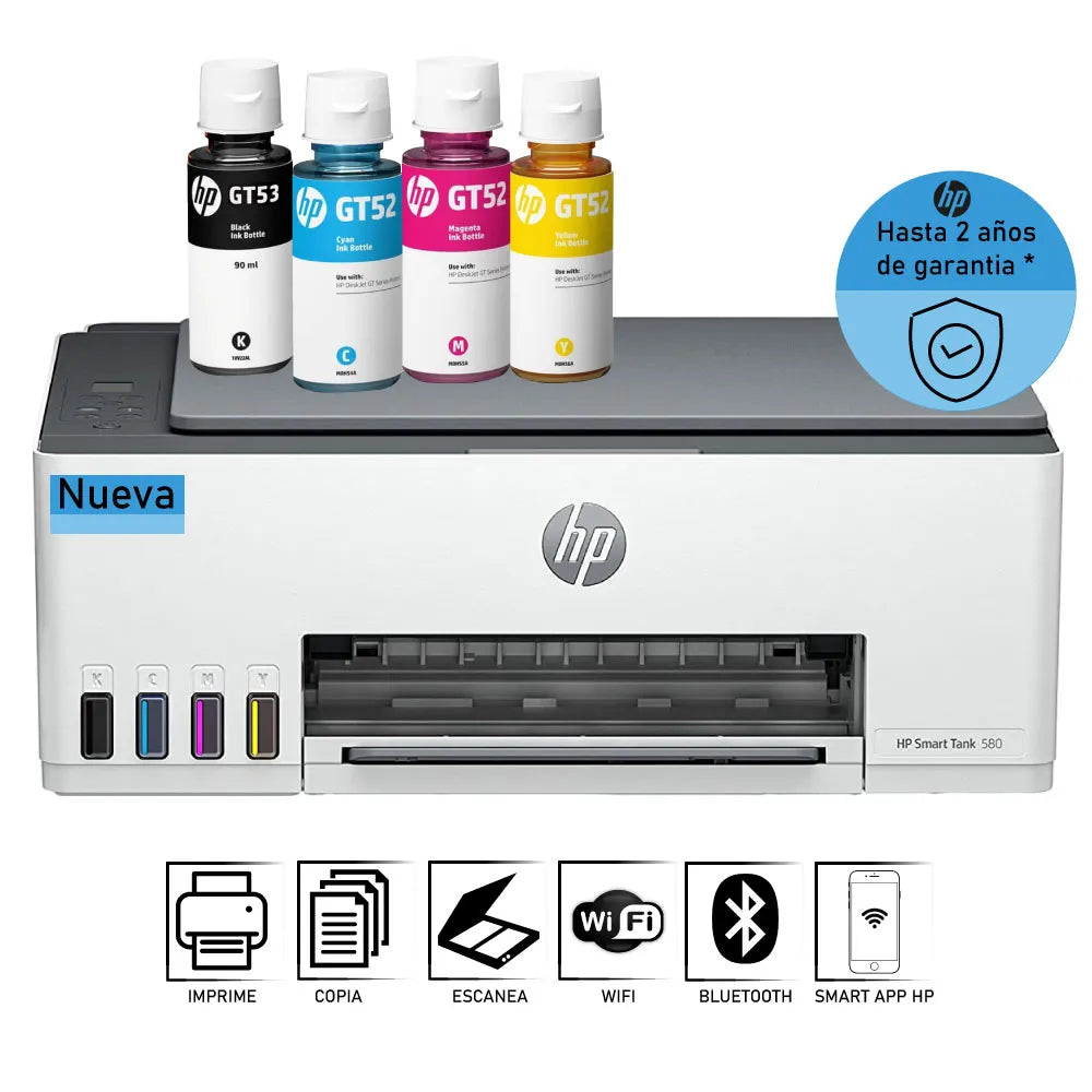 طابعة HP Smart Tank 580 متعددة الوظائف - سرعة طباعة 12 صفحة في الدقيقة / دقة 4800 نقطة في البوصة / مقاس A4 / منفذ USB / واي فاي / بلوتوث / طابعة نفث حبر ملونة - 1F3Y2A