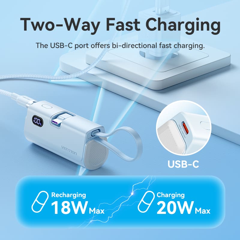 Vention Power Bank LED Display 4800mAh (USB-C + Lightning + USB-C) 22.5W Foldable USB-C Type