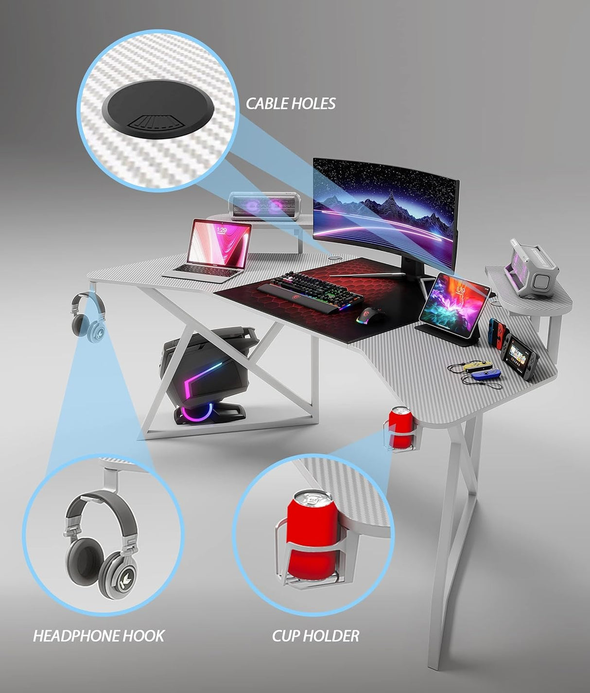 Gamax D2204W Curved Carbon fiber Gaming Table 180*70*74 cm with Multi Level Shelves & Mousepad - White (Installation Not Included)