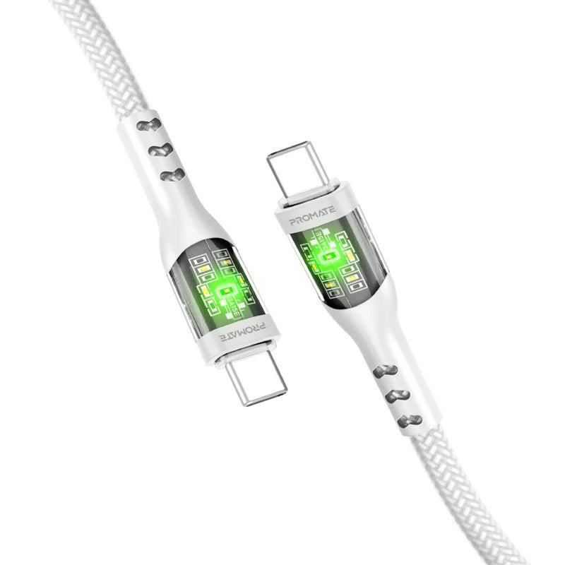 Promate TransLine-CC 60W Power Delivery Ultra-Fast USB-C Cable with Transparent Shells 1.2 Meter - White