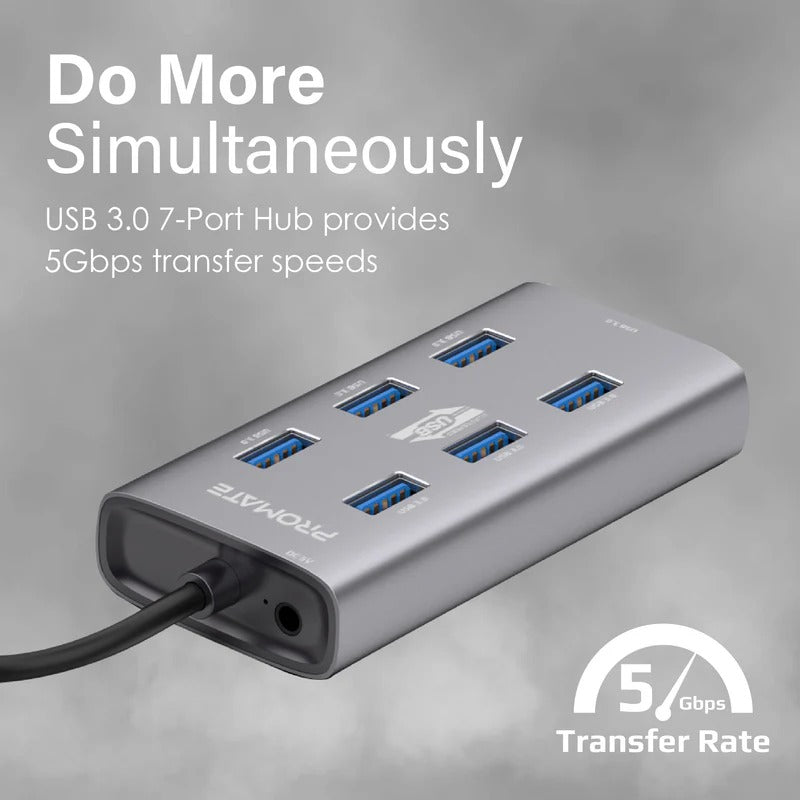Promate ezHub-7 Aluminium Alloy Powered USB Hub - Grey