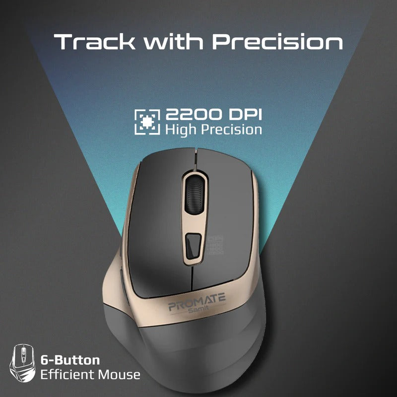 Promate Samit 2.4GHz Ergonomic 2200 DPI Silent Click Wireless Mouse - Gold