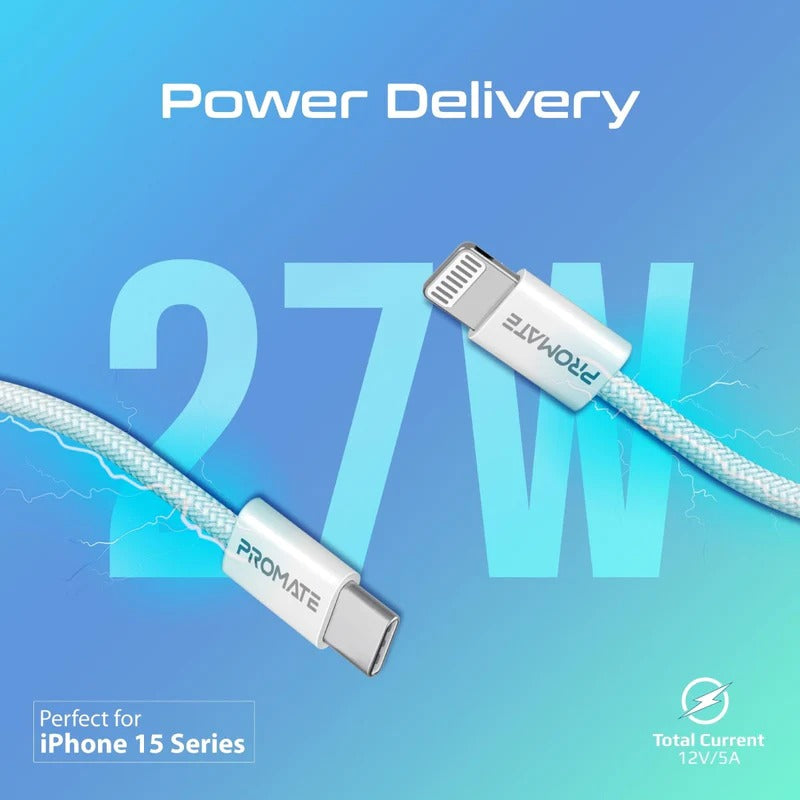 Promate EcoLine-Ci120 Super-Fast 27W Power Delivery USB-C to Lightning Fabric Braided Cable 1.2 Meters- White