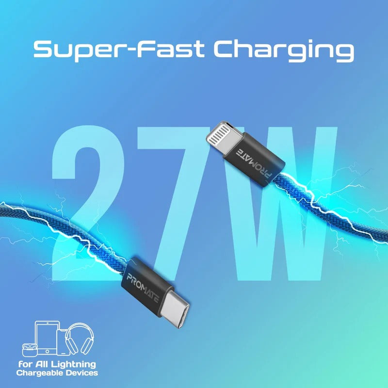 Promate EcoLine-Ci120 Super-Fast 27W Power Delivery USB-C to Lightning Fabric Braided Cable 1.2 Meters- Black