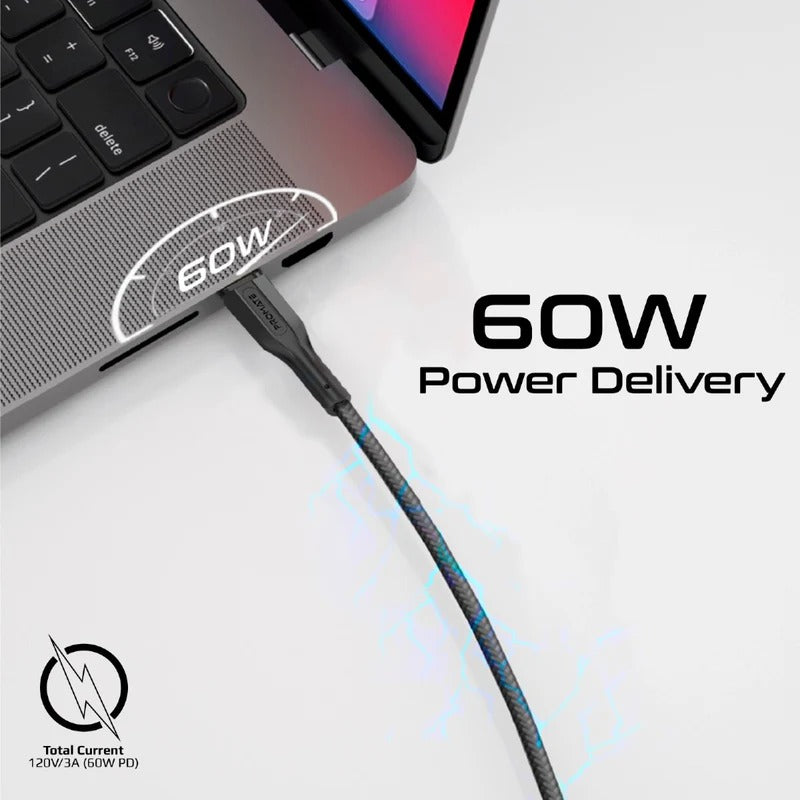 Promate 60W Power Delivery 3Pcs High Tensile Strength USB-C Cable Kit - Black