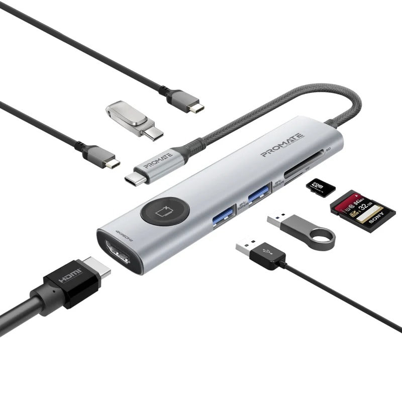 Promate 4K@60Hz Multi-Function High Speed USB-C Hub w/ Screen Privacy Button - Grey