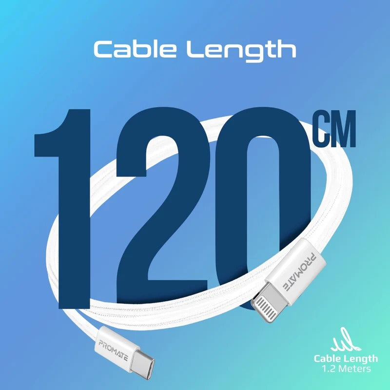 Promate EcoLine-Ci120 Super-Fast 27W Power Delivery USB-C to Lightning Fabric Braided Cable 1.2 Meters- White