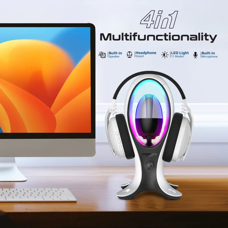 Promate 5W Dynamic High Fidelity Dual Mode RGB Speaker w/ Headphone Stand & USB Hub - White
