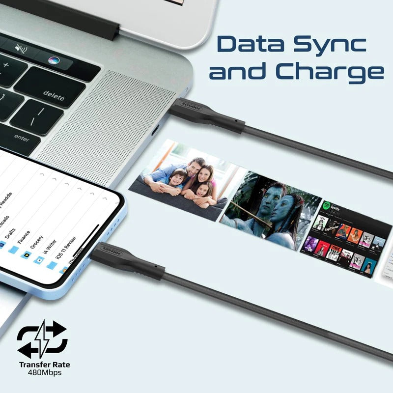 Promate 27W Power Delivery 3Pcs High Tensile Strength USB-C to Lightning Cable Kit - Black