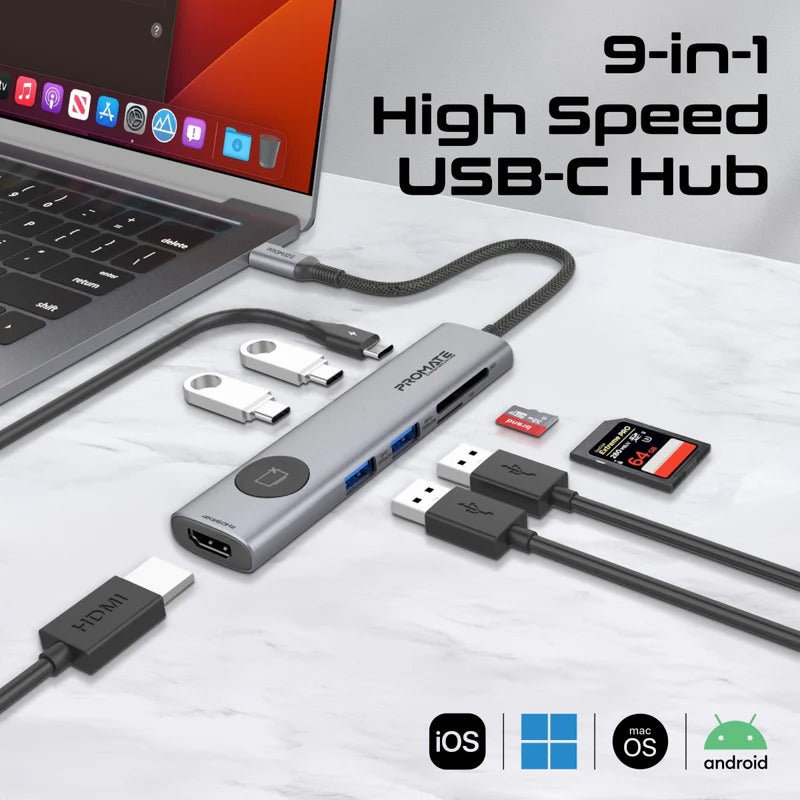 Promate 4K@60Hz Multi-Function High Speed USB-C Hub w/ Screen Privacy Button - Grey