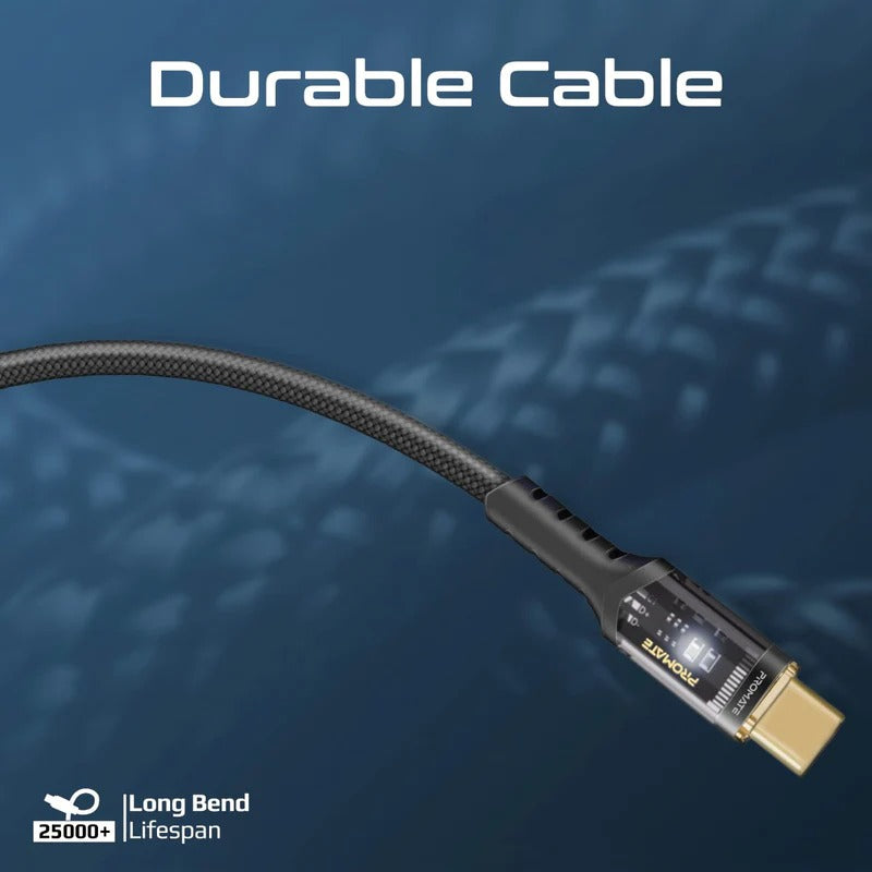Promate LucidLine CC120 100W Power Delivery Ultra-Fast USB-C Cable with Transparent Shells 1.2 Meter