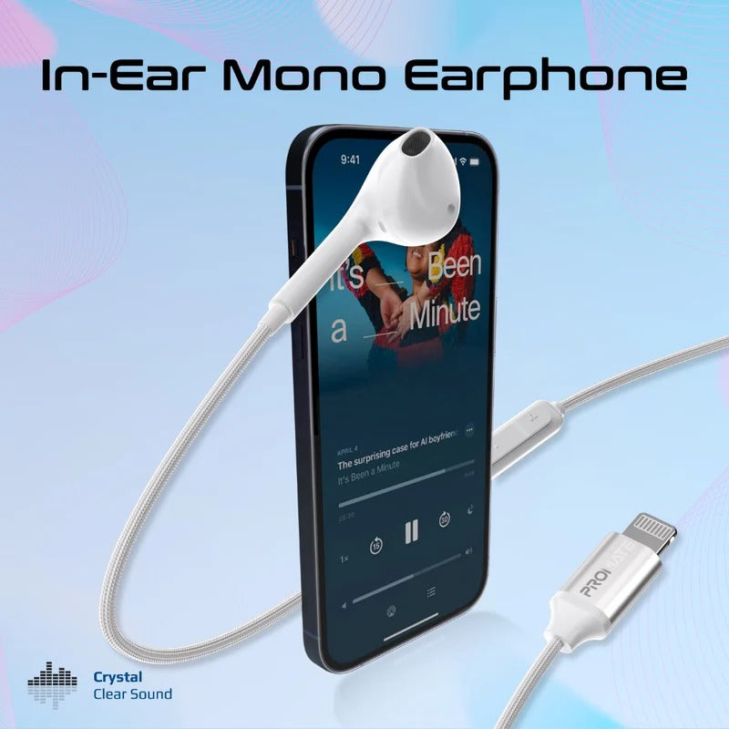 Promate MFI Certified Ergonomic In-Ear Wired Mono Earphone with Lightning Connector - White