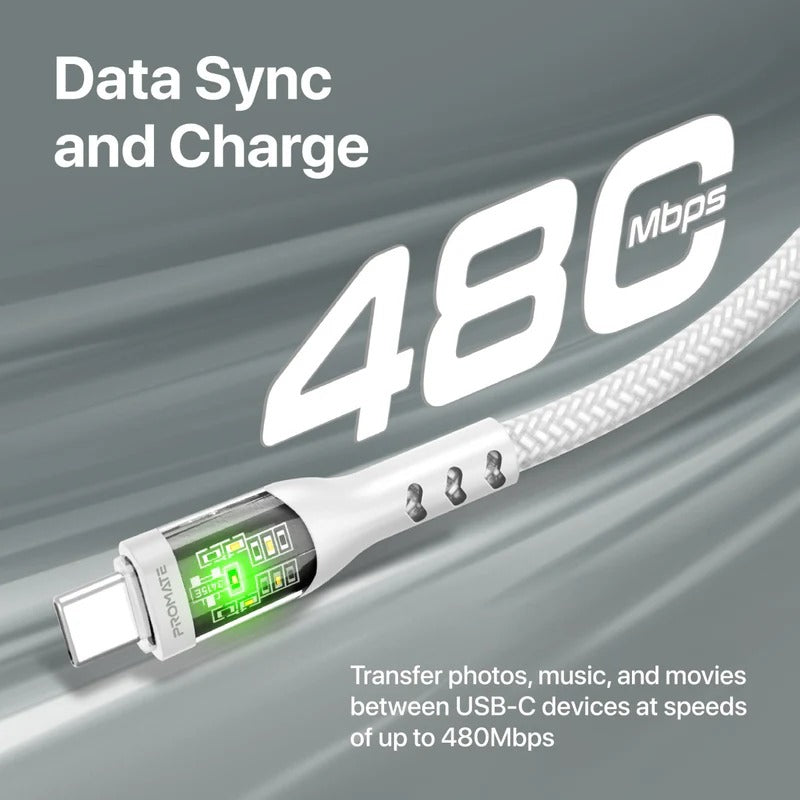 Promate TransLine-CC 60W Power Delivery Ultra-Fast USB-C Cable with Transparent Shells 1.2 Meter - White
