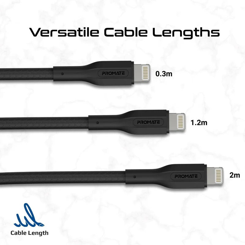 Promate 27W Power Delivery 3Pcs High Tensile Strength USB-C to Lightning Cable Kit - Black