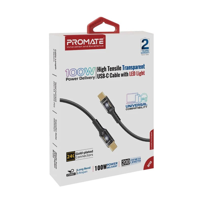 Promate LucidLine CC120 100W Power Delivery Ultra-Fast USB-C Cable with Transparent Shells 1.2 Meter