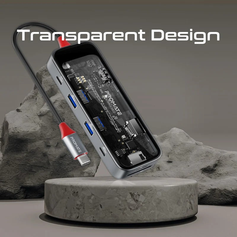 Promate 8-in 1 Transparent Ultra-Fast Multiport USB-C Hub with 100W Power Delivery - Trans
