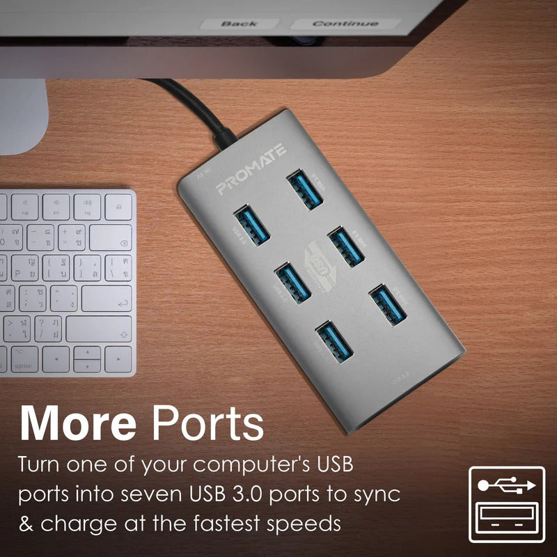 Promate ezHub-7 Aluminium Alloy Powered USB Hub - Grey
