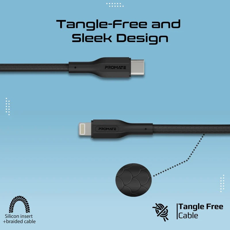Promate 27W Power Delivery 3Pcs High Tensile Strength USB-C to Lightning Cable Kit - Black