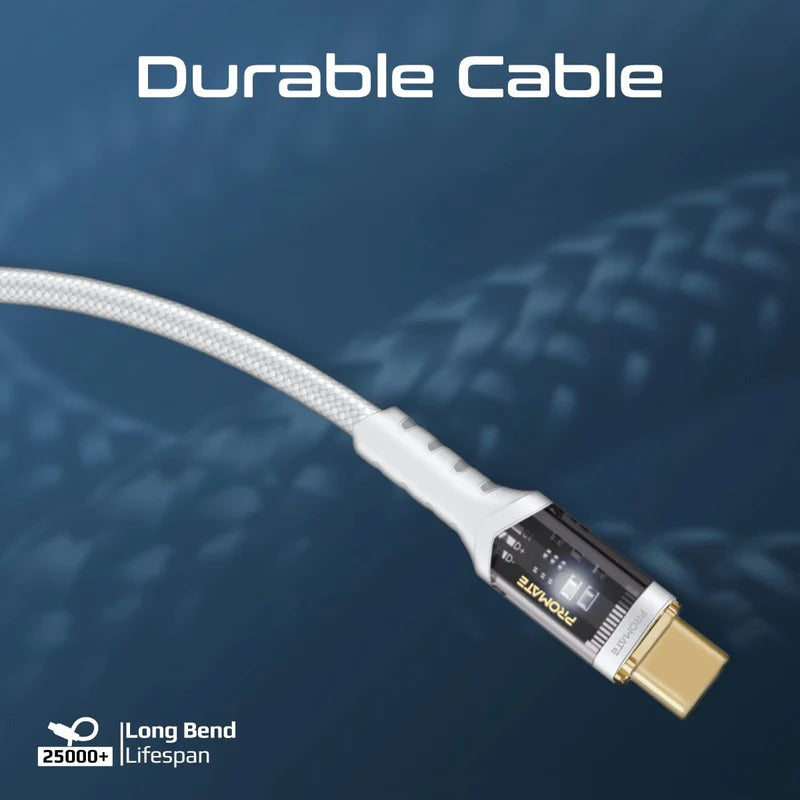 Promate LucidLine CC120 100W Power Delivery Ultra-Fast USB-C Cable with Transparent Shells 1.2 Meter