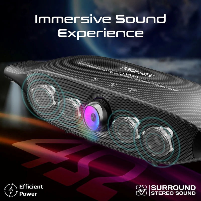 Promate 20W BassBoost Quad Speaker Wireless RGB Soundbar 30Hours Playback - Black