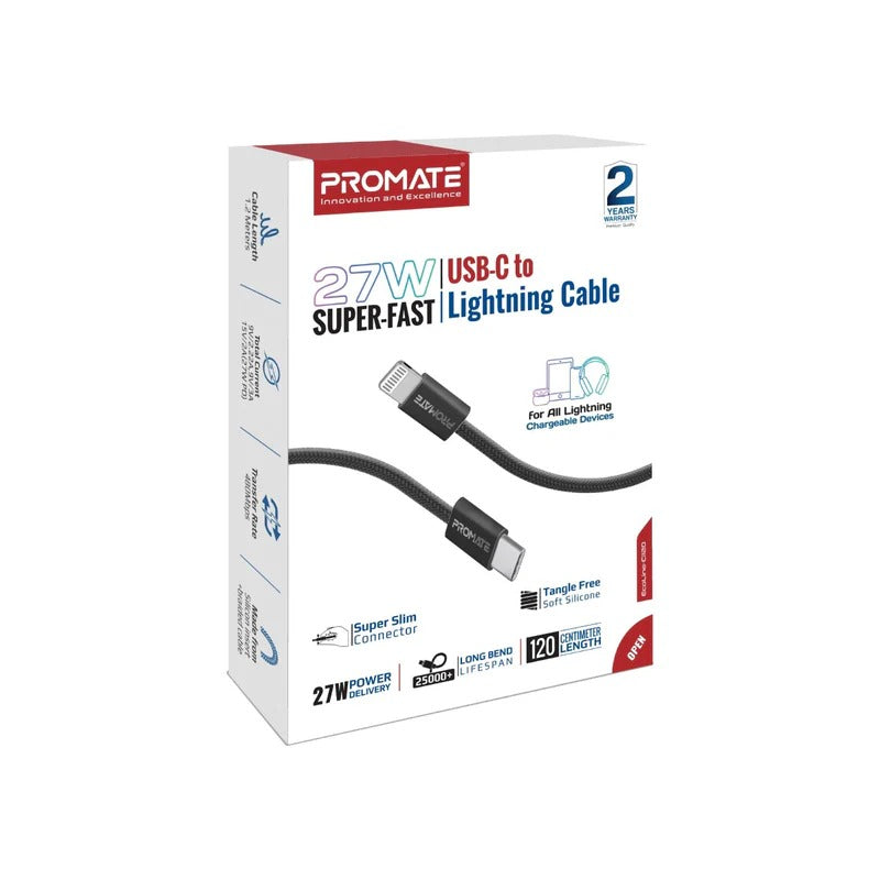Promate EcoLine-Ci120 Super-Fast 27W Power Delivery USB-C to Lightning Fabric Braided Cable 1.2 Meters- Black