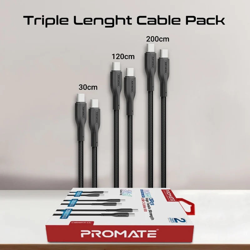 Promate 60W Power Delivery 3Pcs High Tensile Strength USB-C Cable Kit - Black