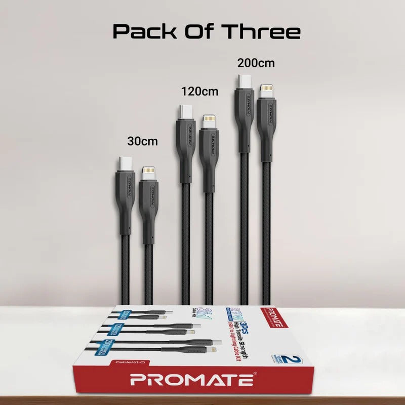 Promate 27W Power Delivery 3Pcs High Tensile Strength USB-C to Lightning Cable Kit - Black