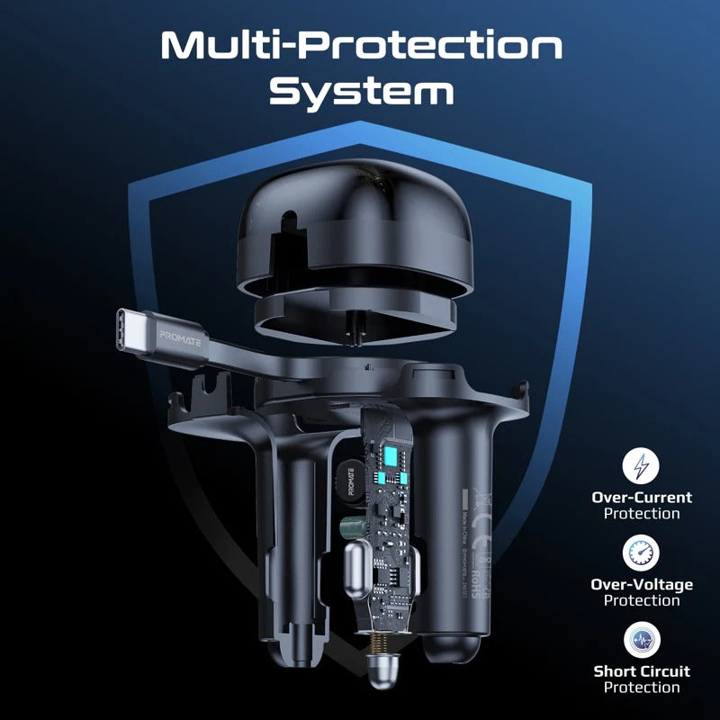 Promate 62W Multi-Port Car Charger with Retractable USB-C Cable - BLACK