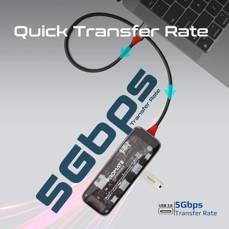 Promate 8-in 1 Transparent Ultra-Fast Multiport USB-C Hub with 100W Power Delivery - Trans
