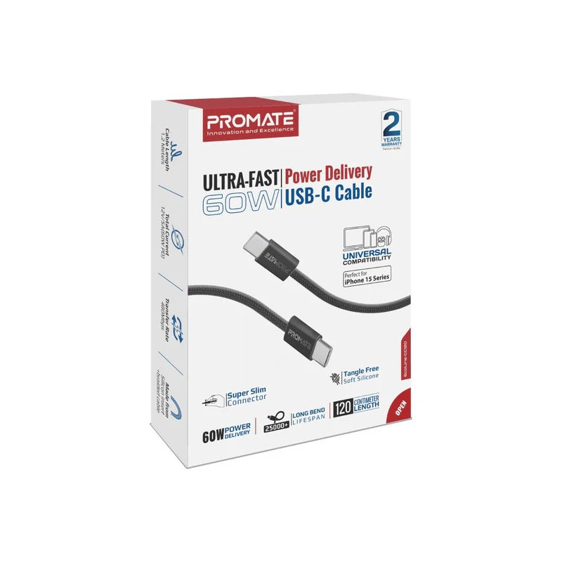 Promate EcoLine-CC120 Ultra-Fast 60W Power Delivery USB-C Fabric Braided Cable 60W, 1.2 Meter - Black