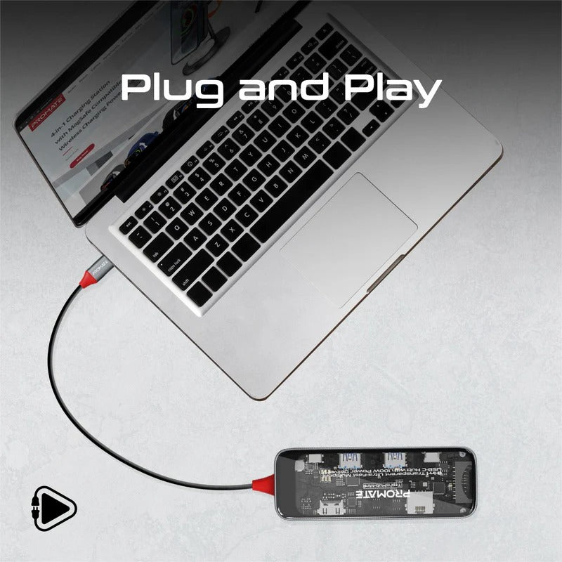 Promate 8-in 1 Transparent Ultra-Fast Multiport USB-C Hub with 100W Power Delivery - Trans