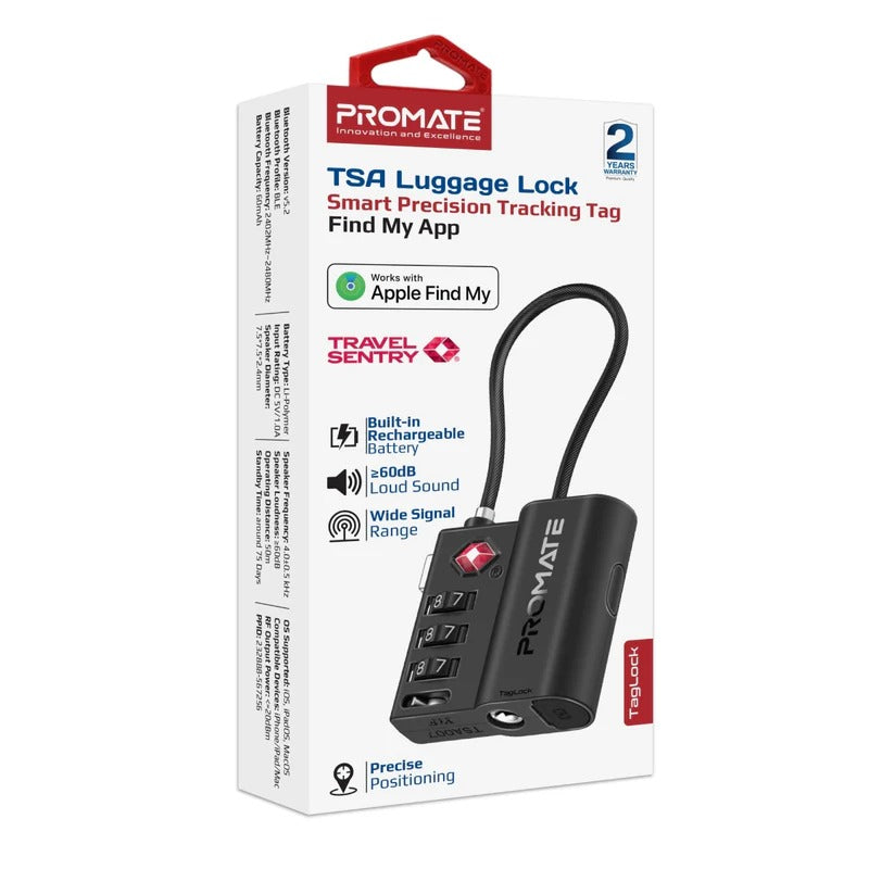 Promate TSA Luggage Lock with Smart Precision Tracking Tag, works with Apple Find My App