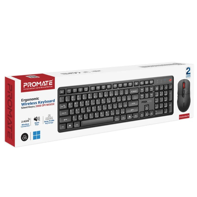 Promate Ergonomic Wireless Keyboard with Silent Keys and 5000DPI Mouse - Black