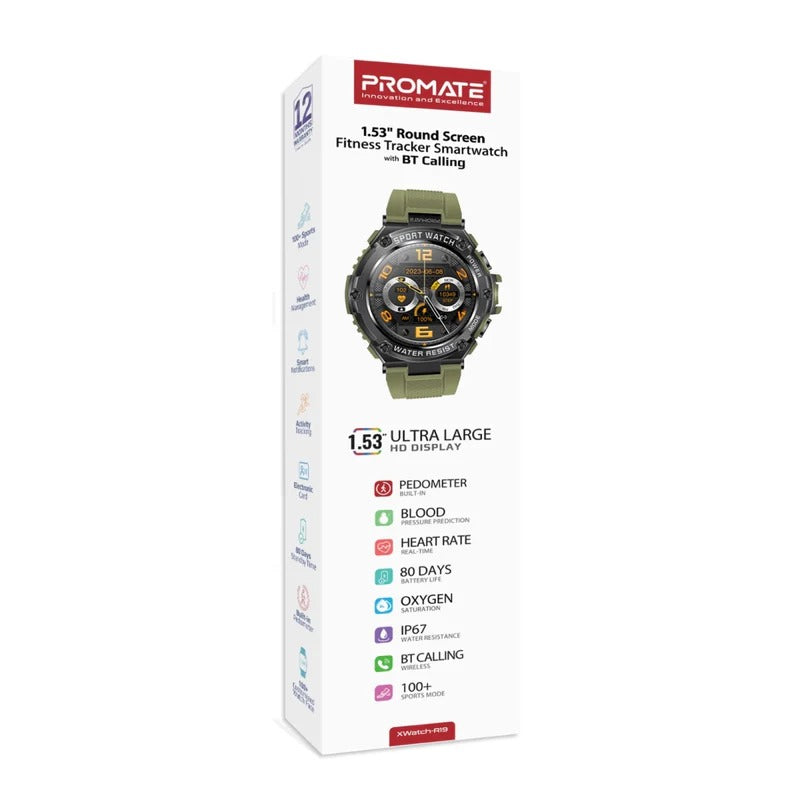 Promate 1.53" Round Screen Fitness Tracker Smartwatch with BT Calling IP67 Water Resistance 1.53" TFT Display Heart Rate/SPO2/Step/Sleep/ Women Health Tracker 100+ Customized Watch Faces - Mid Night Green