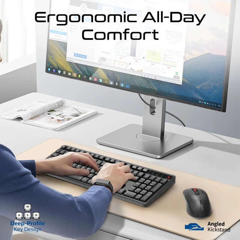 Promate Ergonomic Wireless Keyboard with Silent Keys and 5000DPI Mouse - Black