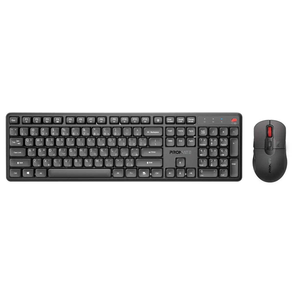 Promate Ergonomic Wireless Keyboard with Silent Keys and 5000DPI Mouse - Black