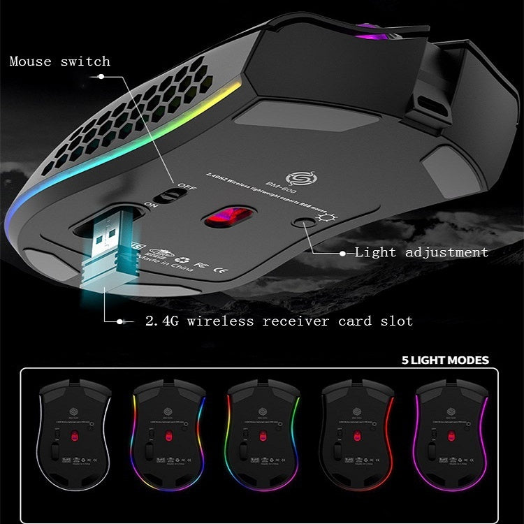 K-Snake BM600 1600 DPI 7-keys Hollow Lightweight Wireless Charging RGB Colorful Gaming Mouse(Wireless BM600 )