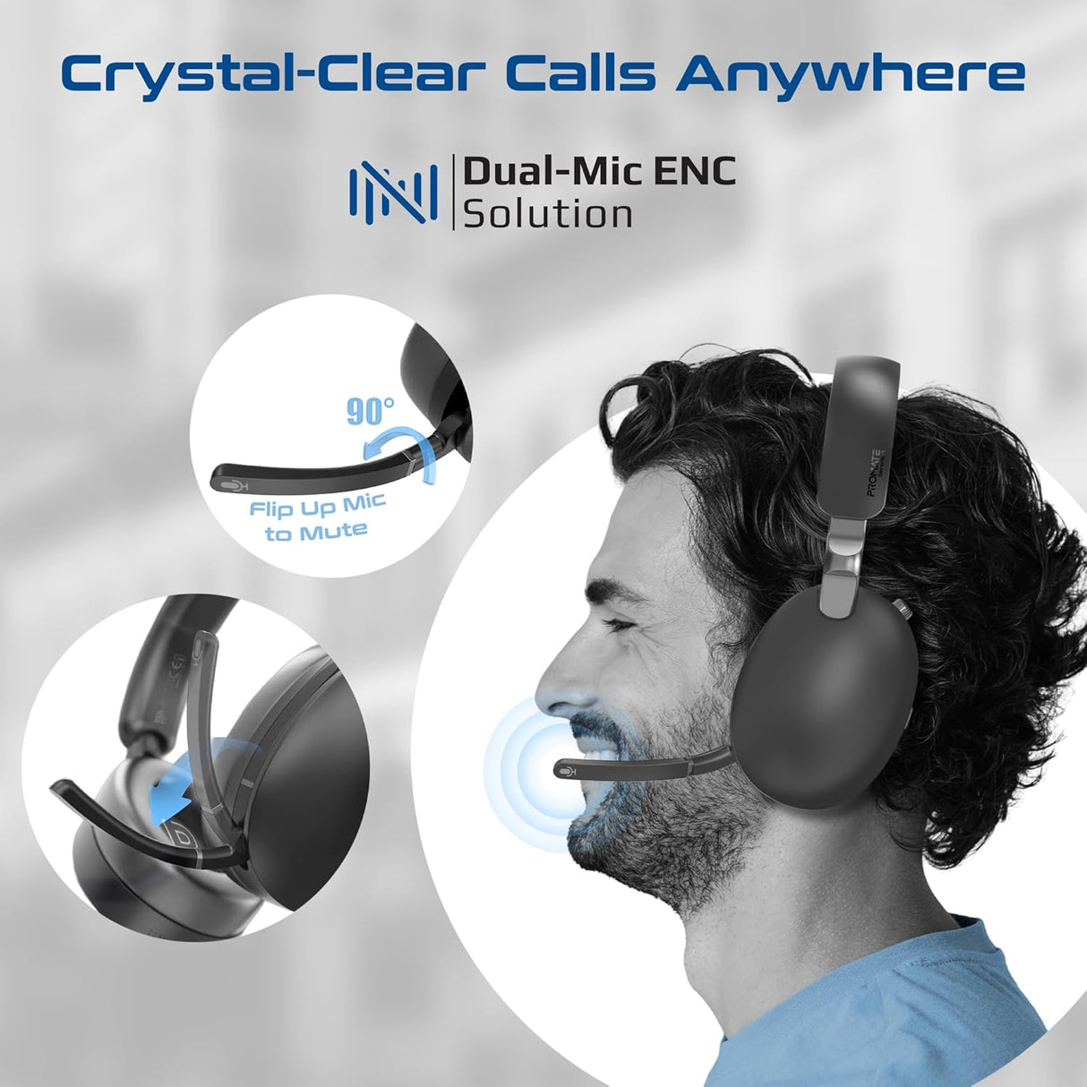 Promate SERENE-2 High-Definition Hybrid ANC Headphones with Triple Connectivity, 100Hrs Playtime, Active Noise Cancellation, Flip to Mute Microphone, 30ms Ultra-Low Latency for Gaming Platforms - Black