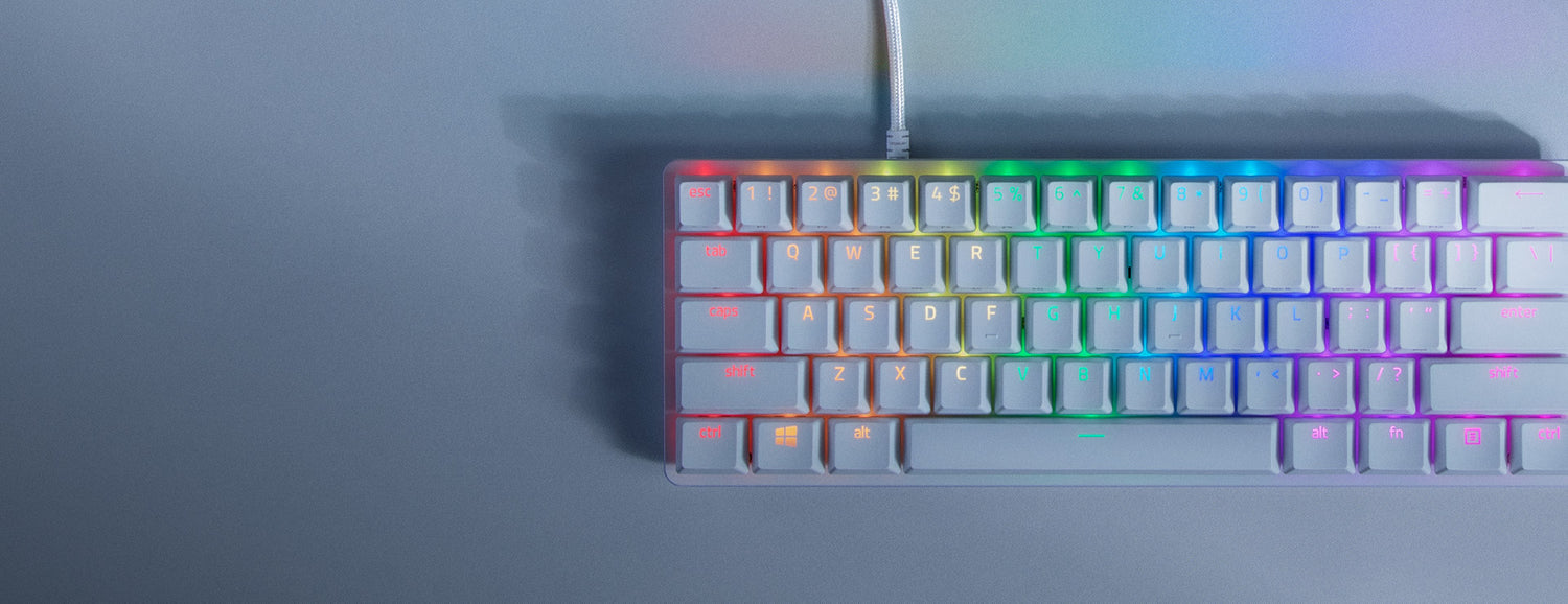 Razer Huntsman Mini Gaming Keyboard 60% Mercury Edition,RGB lighting, Purple Clicky Optical Switch - White RZ03-03393300-R3U1