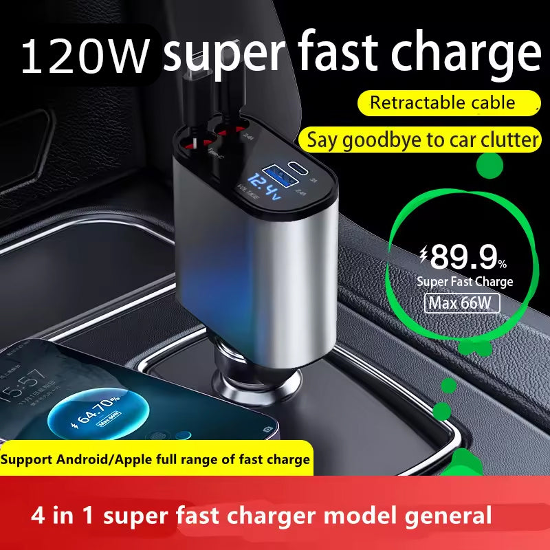 4-in-1 Fast Car Charger with Retractable Cables & PD Fast Charging for Mobiles