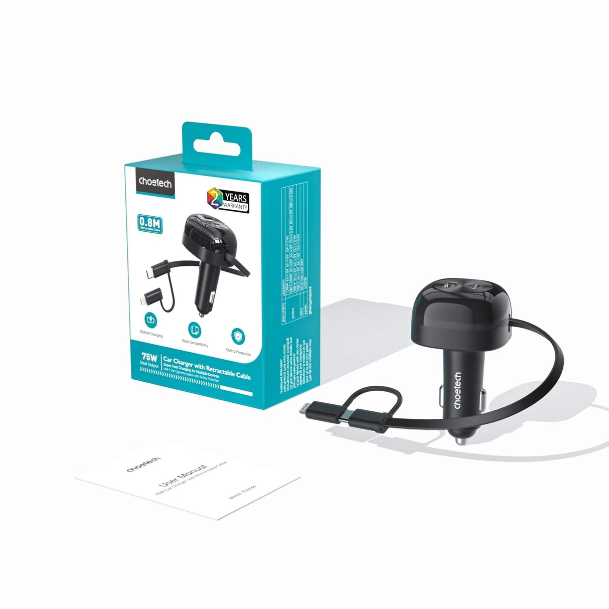 Choetech TC0036-CL08-BK 75W Car Charger With Rechargeable cable dual output Type-C & Lighting - Black