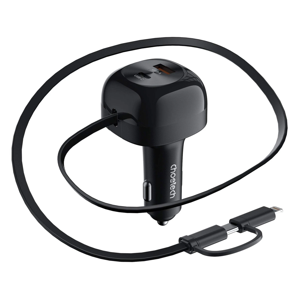 Choetech TC0036-CL08-BK 75W Car Charger With Rechargeable cable dual output Type-C & Lighting - Black