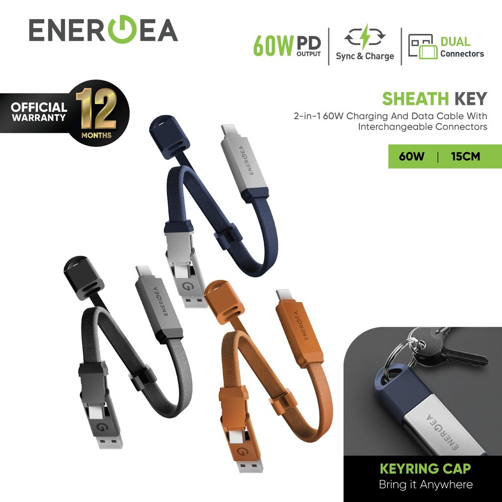 Energea SHEATH KEY, 2-IN-1 C TO C + A CABLE, 480MBPS, 60W, 15CM -ORANGE